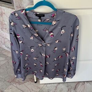 Banana Republic Gray Floral V-Neck Blouse with Pink Accents